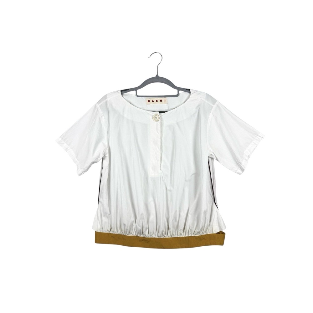 MARNI One-Button Woven White Cotton Contrast Hem Tank Top White Blouse Sz 38
